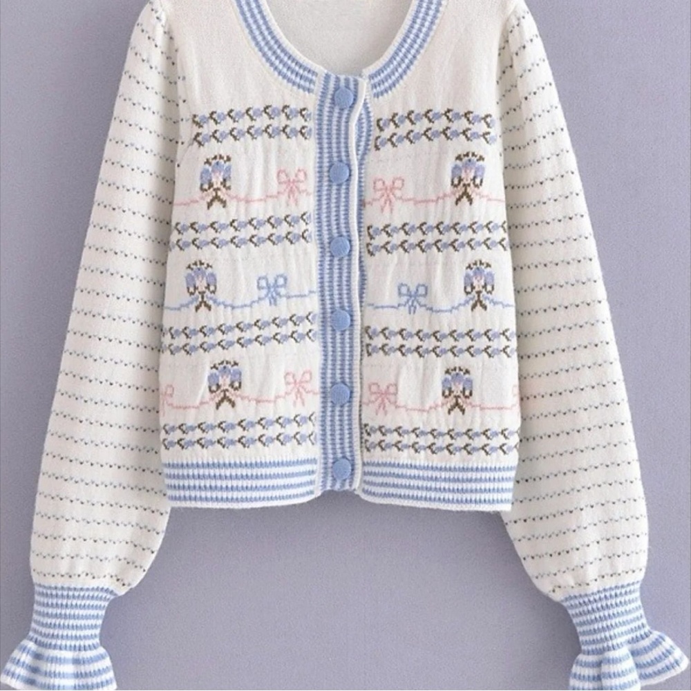 Kawaii Cardigan Womens Large White Blue Knit Bow Coquette Lolita Sweet Soft NWT